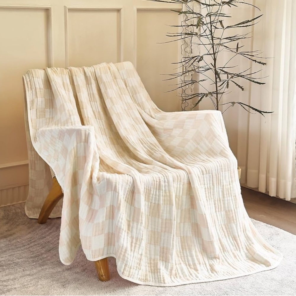Organic Cotton Checkered Throw Blanket Adult Size Tan Check Throw 2 Side NEW!